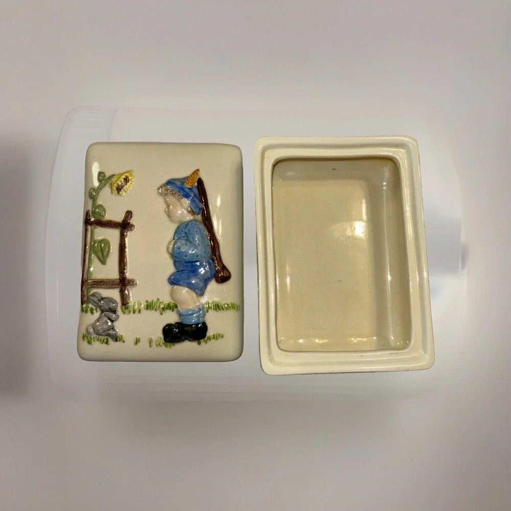 Vintage 1970's Ceramic HOLLAND MOLD Trinket Box Boy Rabbit Sunflower